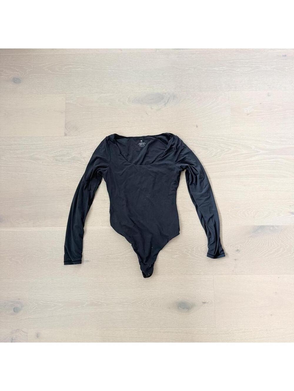 PUMIEY Black Double Lined Long Sleeve Thong Bodysuit Size S